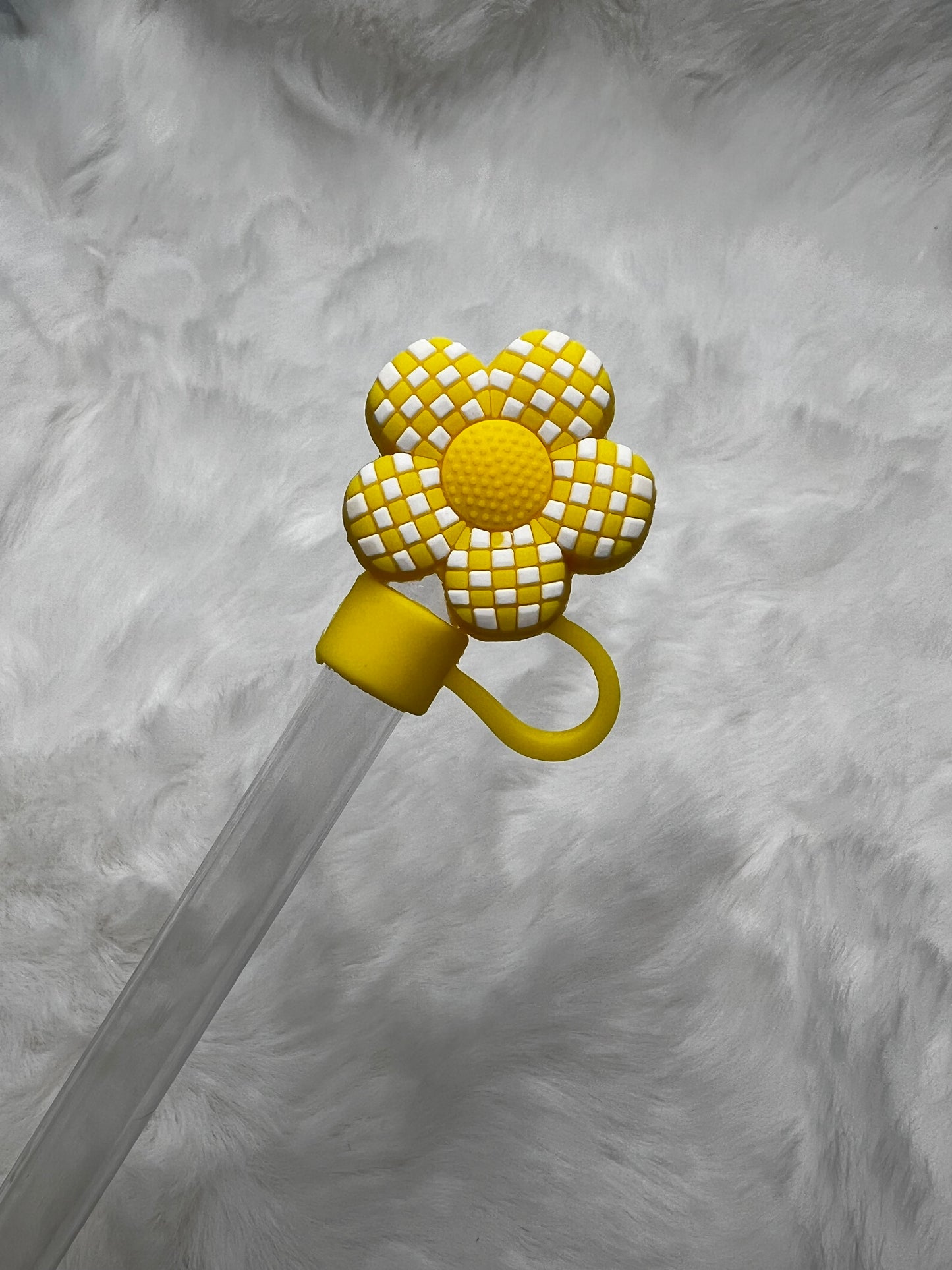 3D Yellow daisy checkered flower straw topper (PVC)