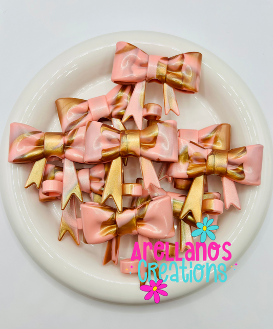 #85 peachy gold swirl shiny large bow straw toppers
