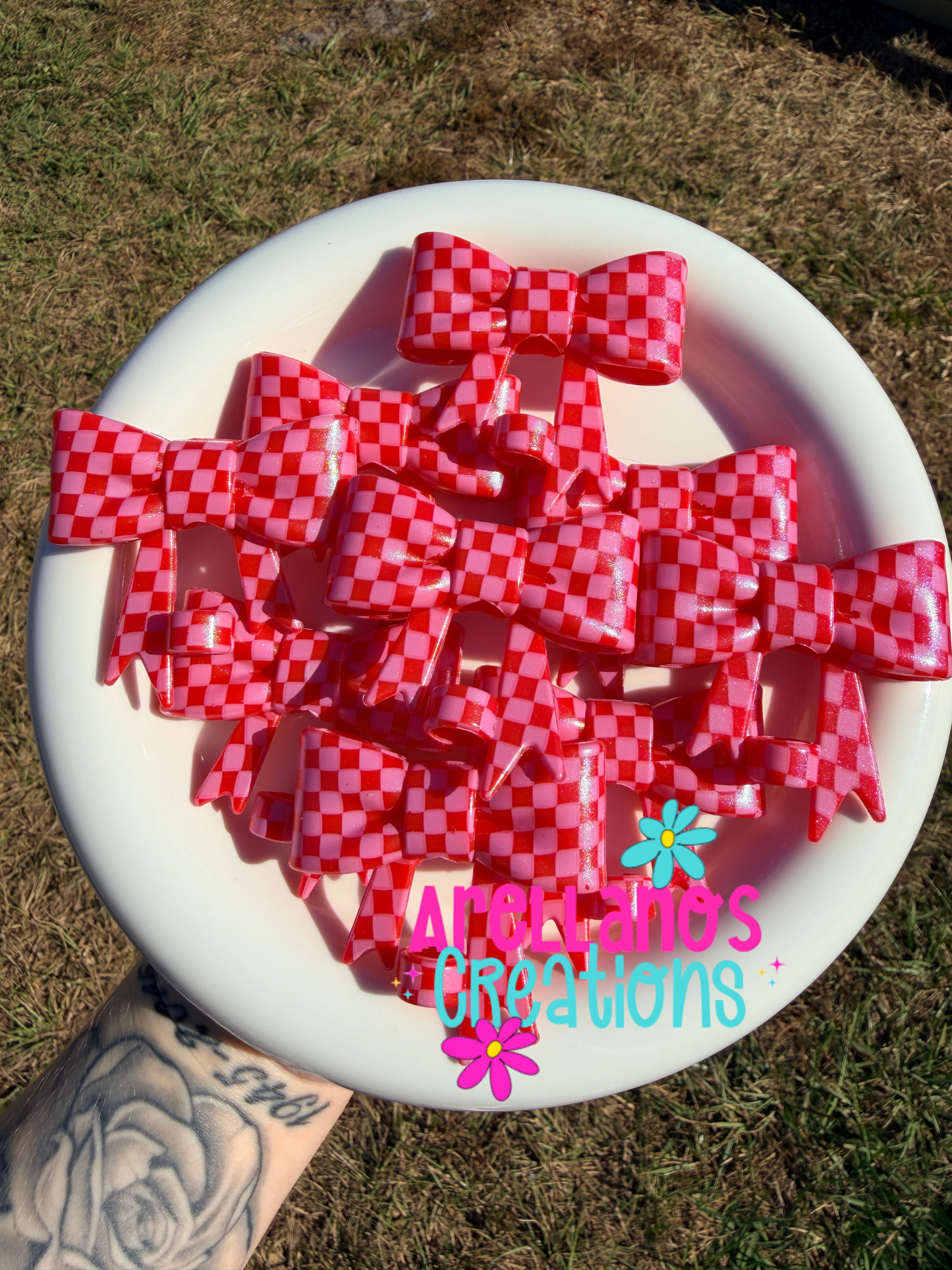 #179 red & pink checkered shiny large bow straw topper CUSTOM