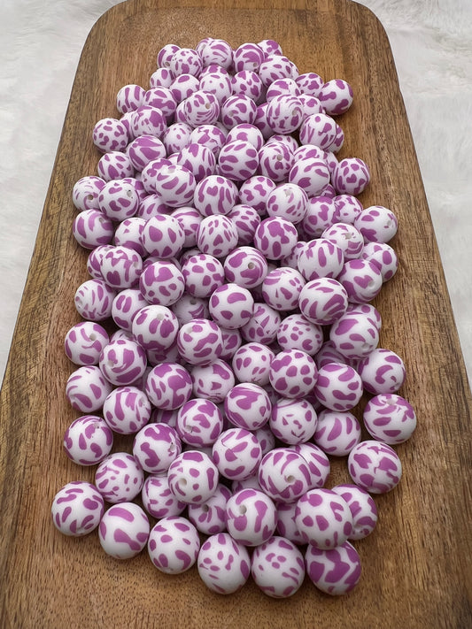 15mm purple cow print silicone beads