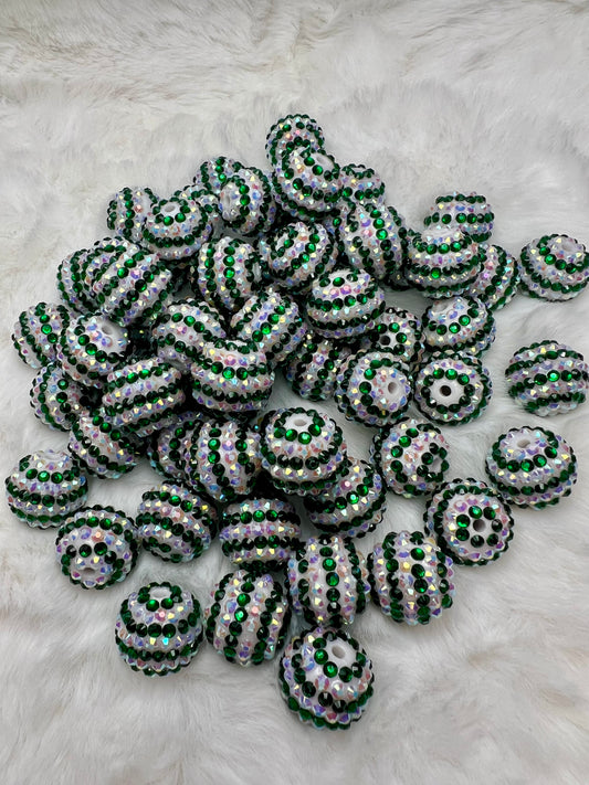 Green & white striped 20mm rhinestone beads (sold individually)