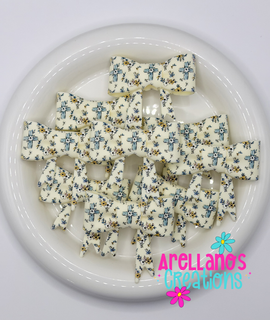 #225 Floral Blue Cross Large Bow Focal