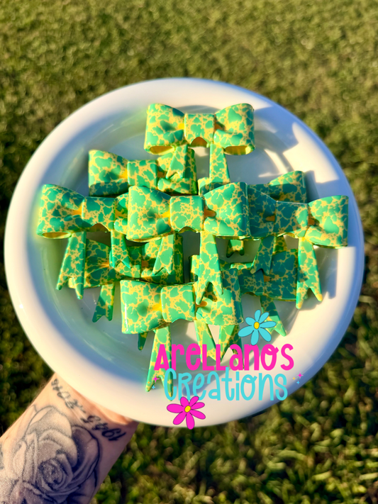 #148 teal & yellow cowhide shiny large bow FOCAL