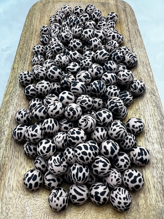 15mm mocha cow print silicone beads