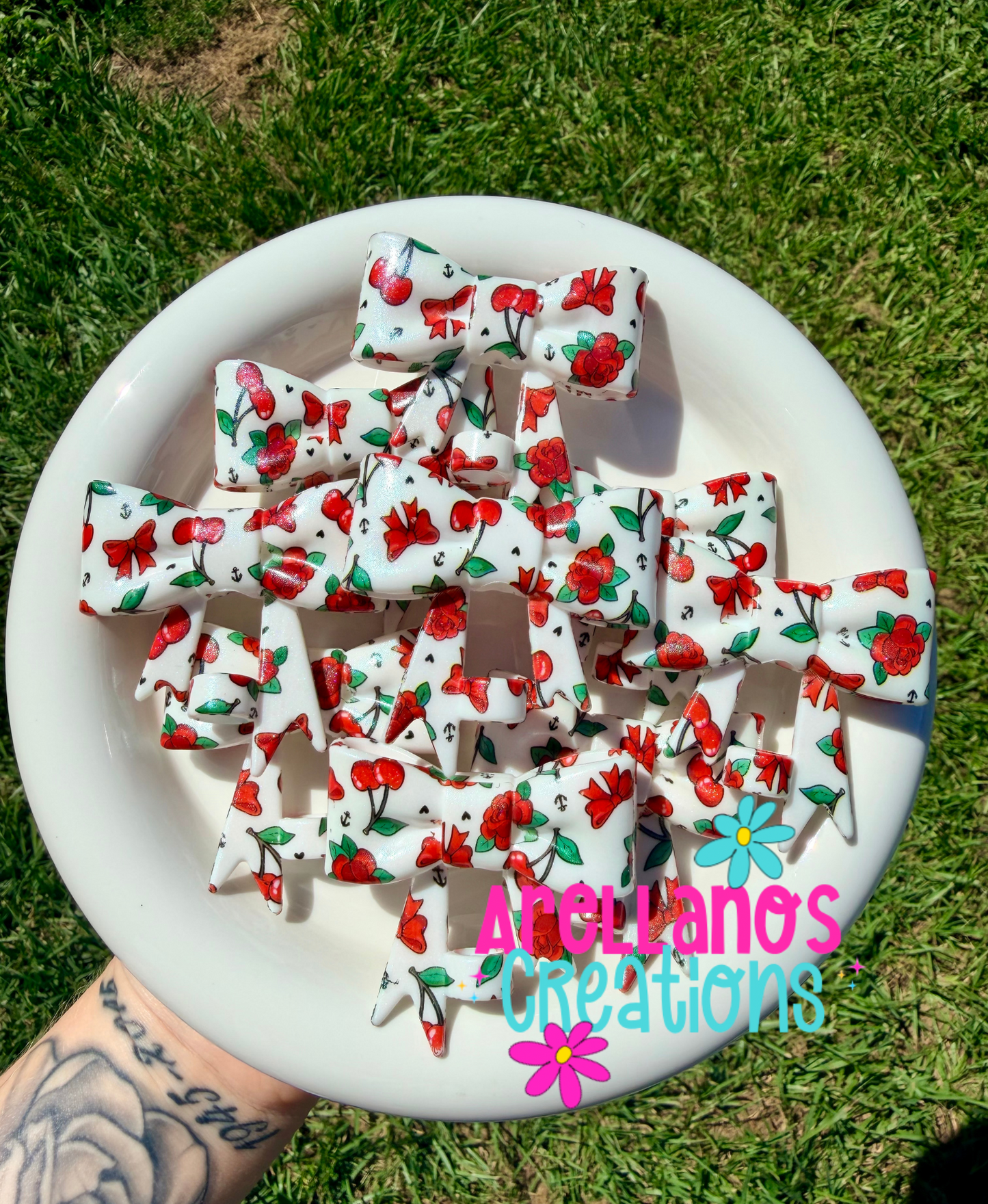 #116 thorns, bows & cherries - shiny large straw topper bow