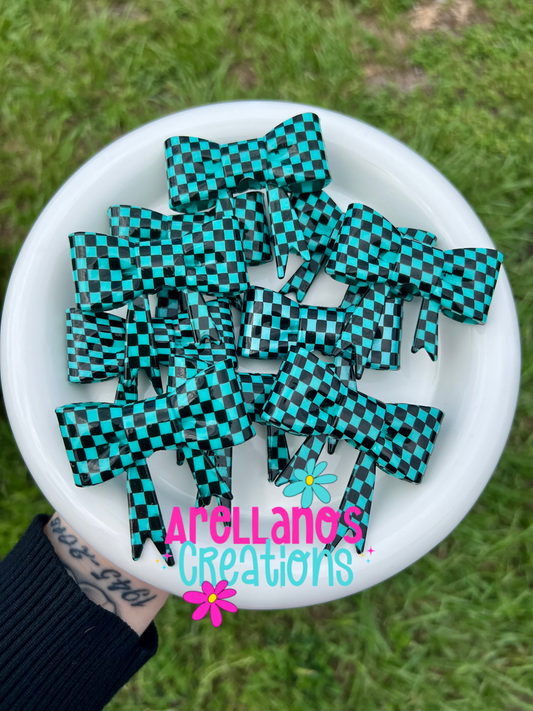 #39 turquoise checkered shiny large bow focal OR straw topper