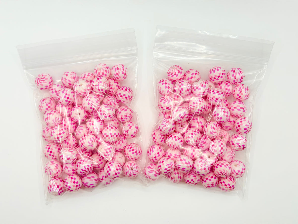 Pink checkered 50ct 15mm silicone beads