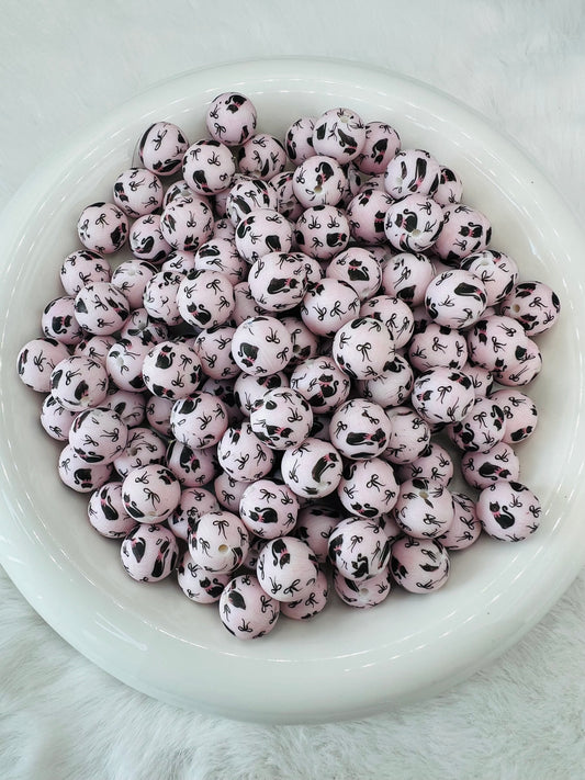 15mm black cat & bows printed silicone beads