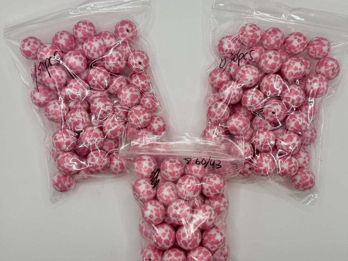 20mm pink cow print bubblegum bead packs