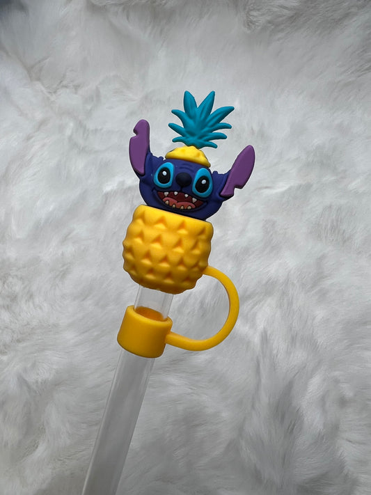 3D Blue alien inside pineapple straw topper (PVC)