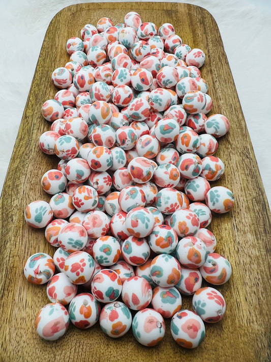 15mm floral paw print printed silicone beads