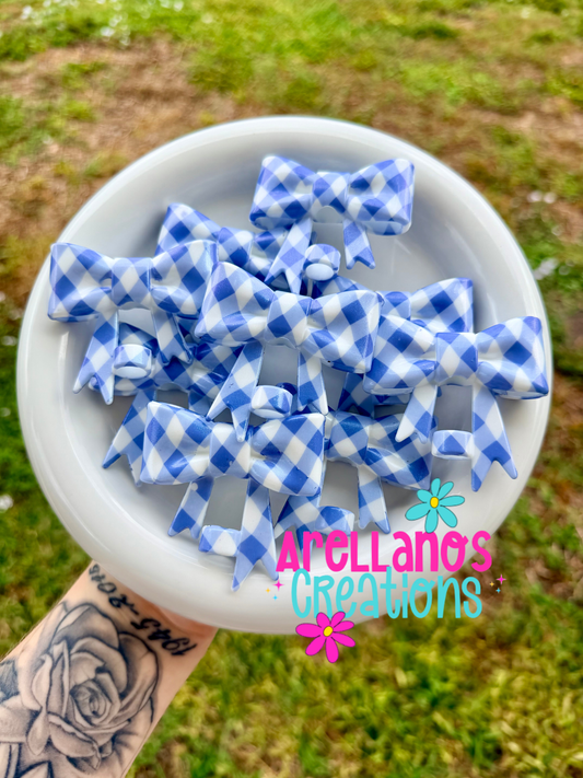 #123 blue plaid picnic large shiny bow straw topper