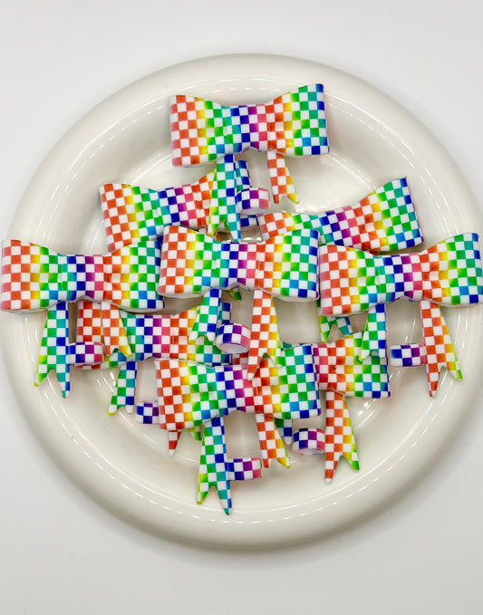 #387 Light Rainbow Checkered large bow straw topper (1ct)