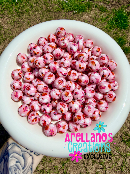 15mm Pink Floral Ladybugs Silicone Bead (1ct) EXCLUSIVE
