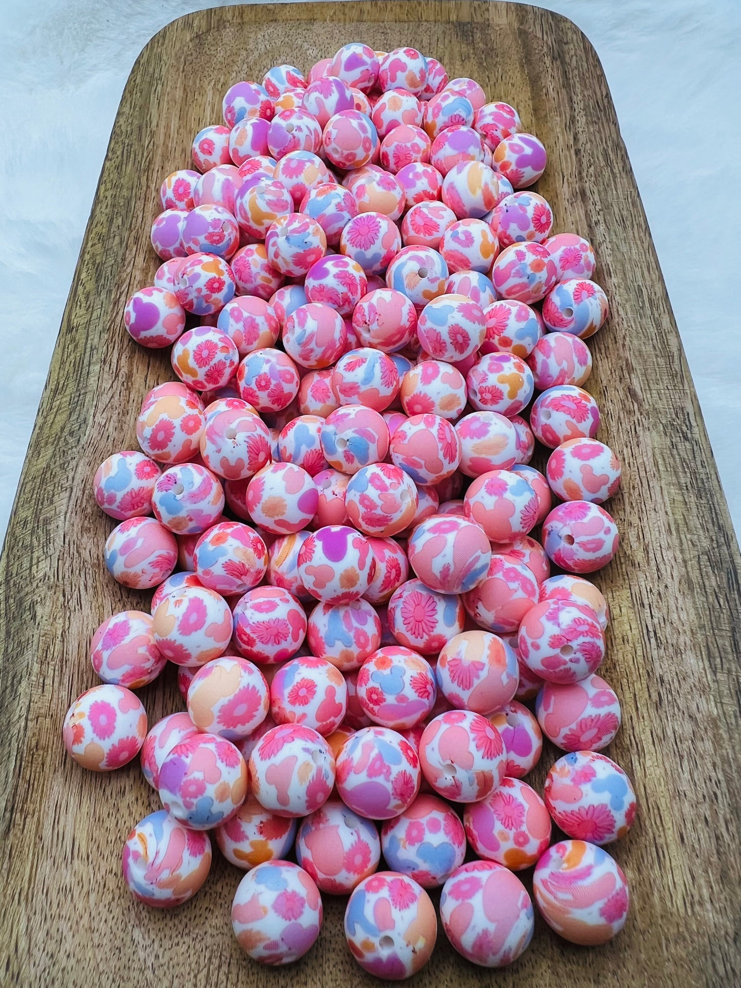15mm pink floral mouse printed silicone beads