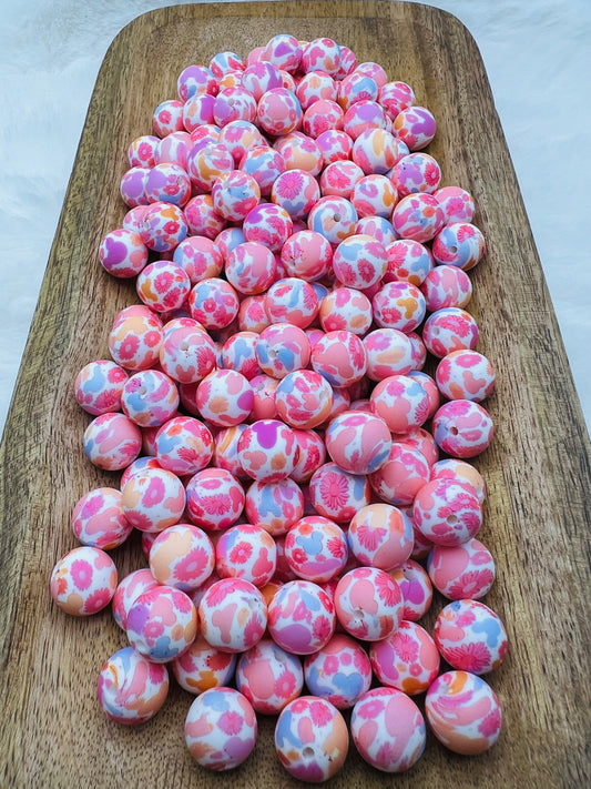 15mm pink floral mouse printed silicone beads