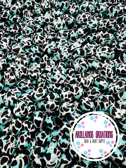 14mm turquoise cow print silicone abacus spacers EXCLUSIVE