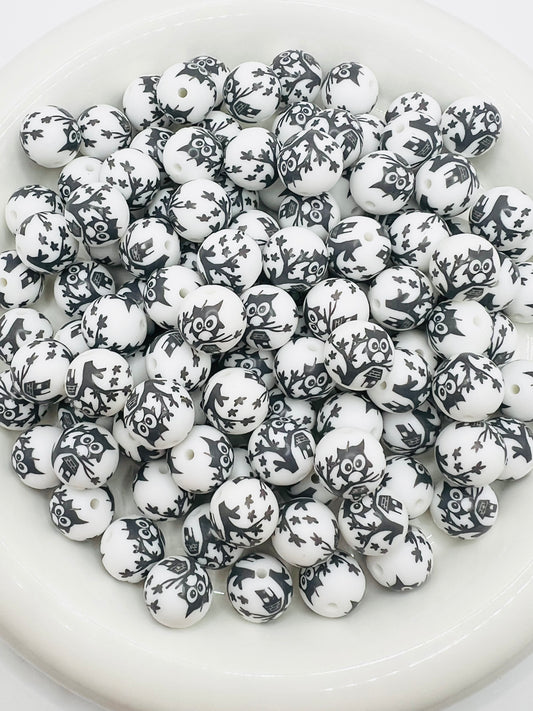 15mm vintage owl printed silicone beads