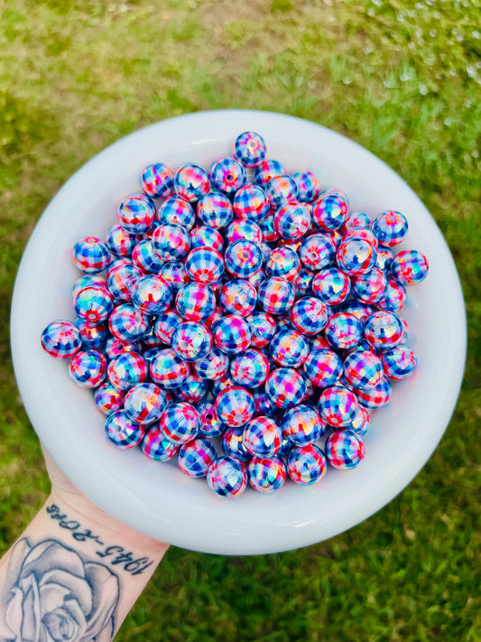 16mm red white & blue plaid acrylic beads