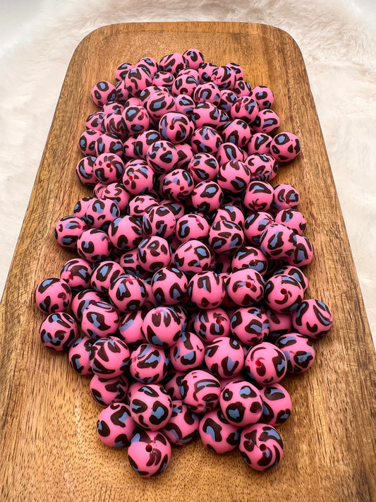 15mm pink & blue cheetah print silicone beads