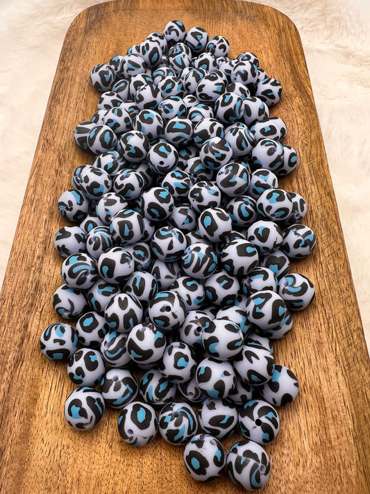 15mm blue cheetah print silicone beads