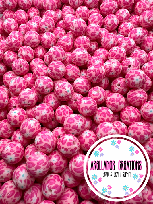 Pink Daisy Leopard 15mm Silicone Beads *AC EXCLUSIVE*