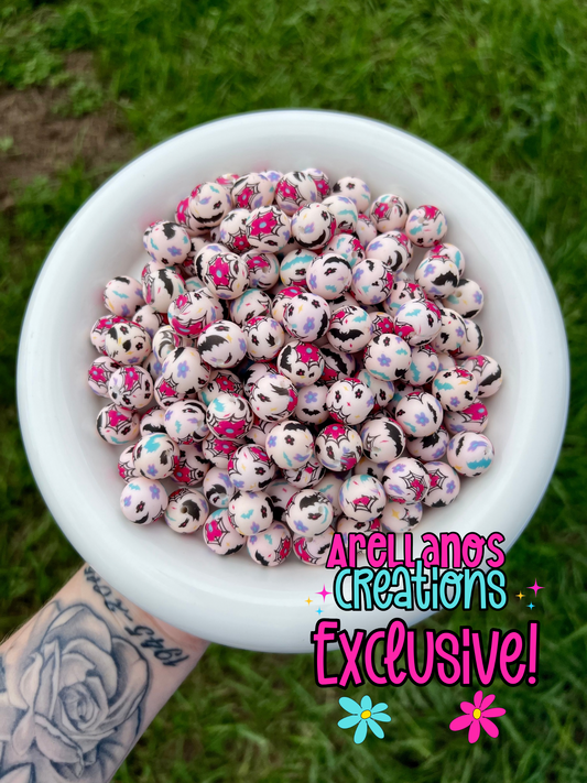 15mm spooky daisy printed silicone beads EXCLUSIVE
